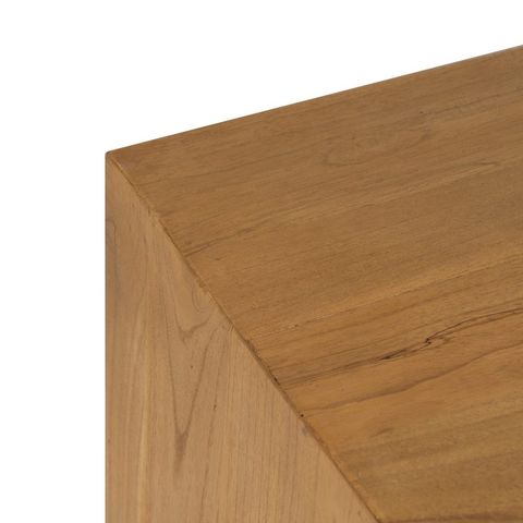 Mueble de TV de mindi con puerta y cajones, detalle del acabado