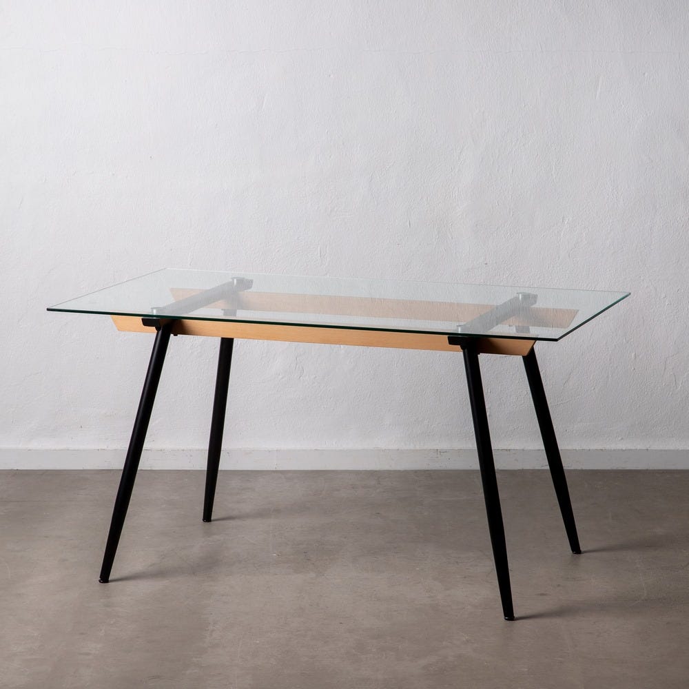 Mesa de comedor de cristal con patas negras