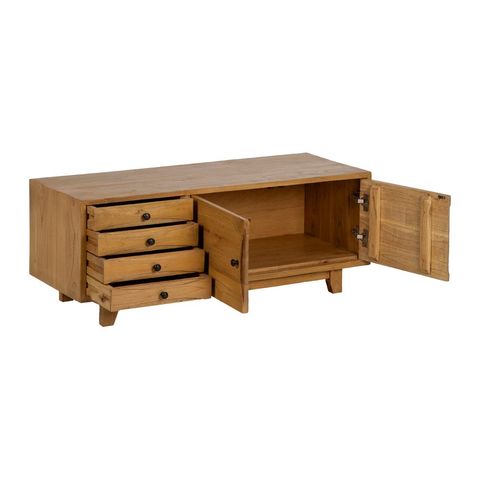 Mueble de TV de mindi con puerta y cajones, interior abierto