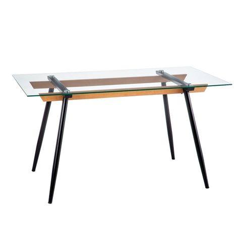 Mesa de comedor de cristal con patas negras, vista general