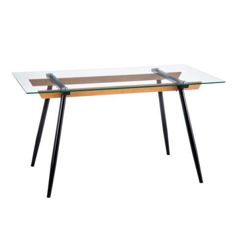 Mesa de comedor de cristal con patas negras, vista general