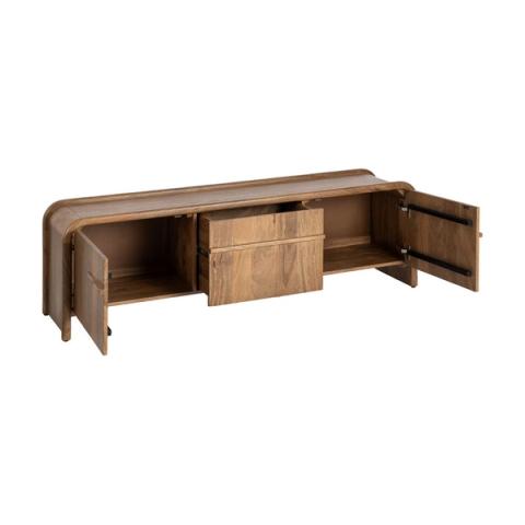 Mueble de TV de mango con frente curvo, interior abierto