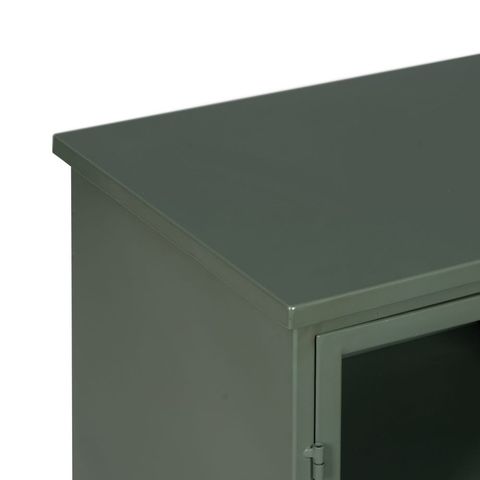 Aparador verde menta de hierro y cristal, detalle del acabado
