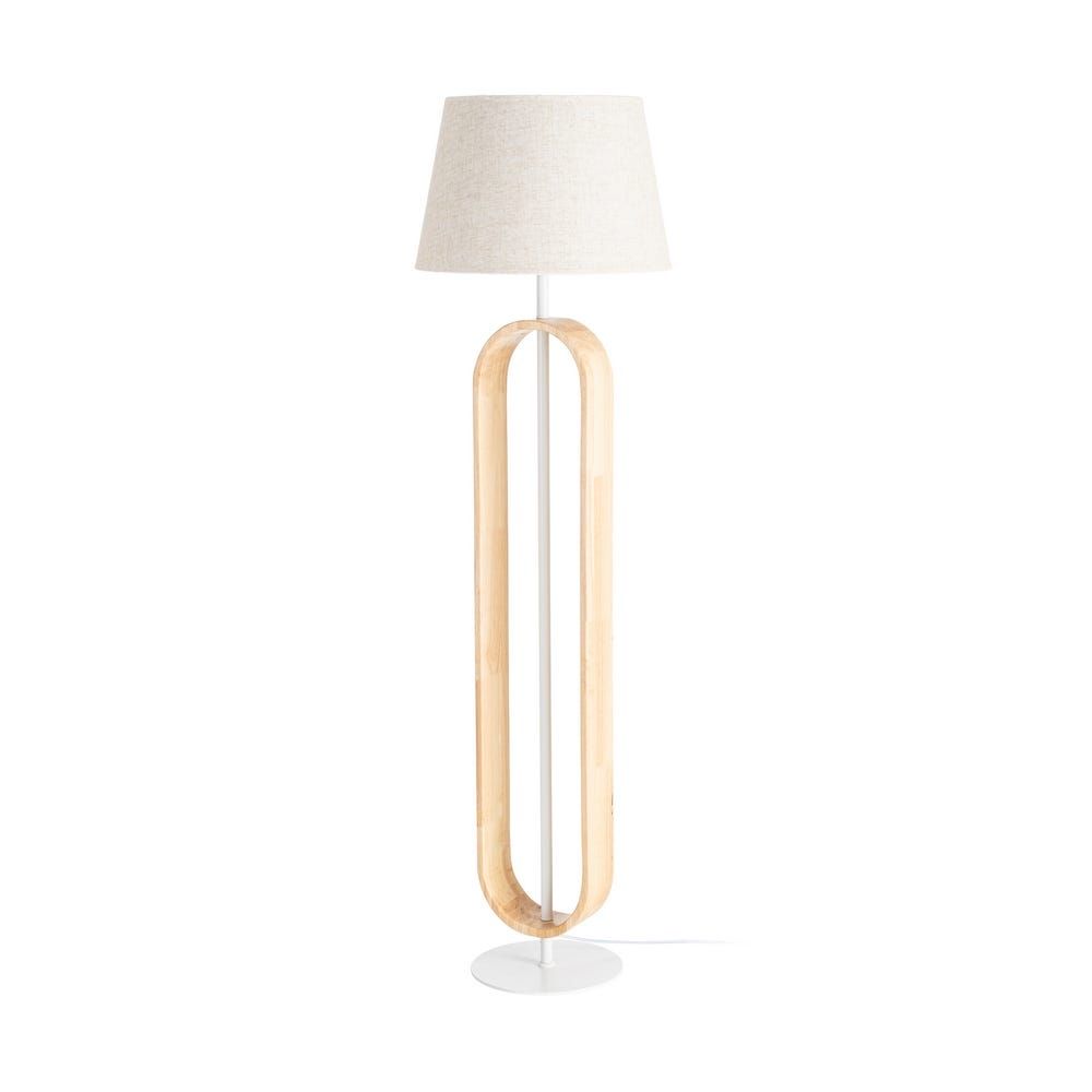 Lámpara de pie de madera natural y pantalla blanca — vista completa