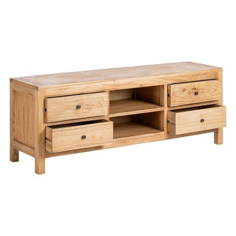 Mueble de TV Mindi con cajones y huecos, interior abierto