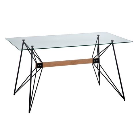 Mesa de comedor de cristal con varillas cruzadas, vista general