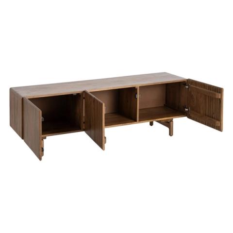Mueble de TV de mango con puertas acanaladas, interior abierto