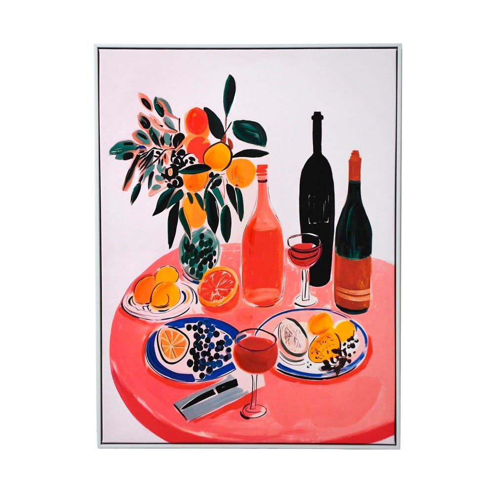 Cuadro de bodegón con fruta y botellas