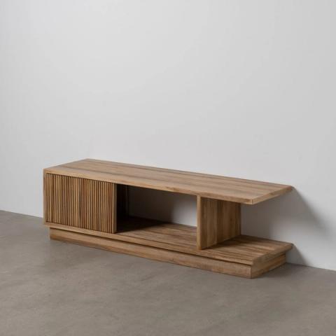 Mueble de TV Bellamonte de teca reciclada, puertas correderas abiertas