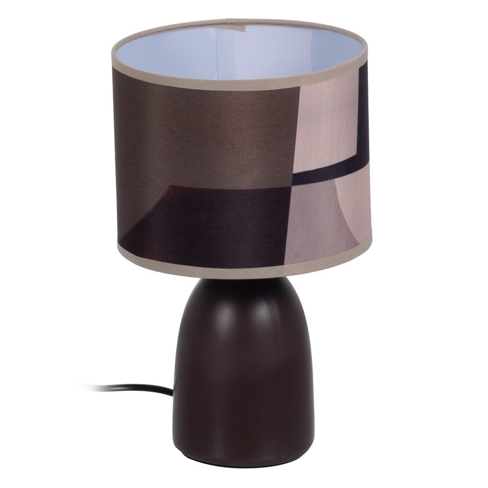 Lámpara de mesa marrón con pantalla geométrica — vista completa