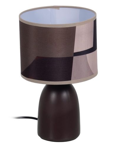 Lámpara de mesa marrón con pantalla geométrica — vista completa