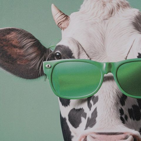 Detalle de las gafas verdes y la cara de la vaca