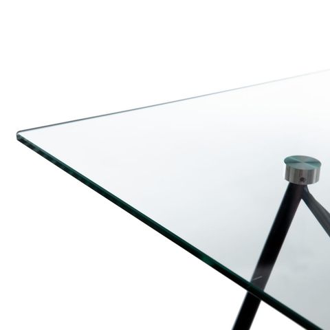 Mesa de comedor de cristal con varillas cruzadas, detalle del cristal