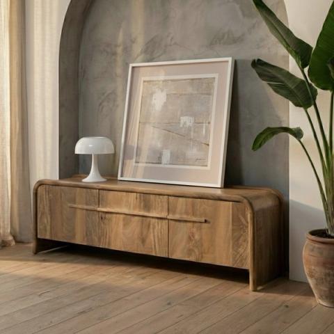 Mueble de TV de mango con frente curvo