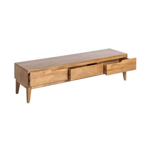 Mueble de TV Galt de tres cajones, interior abierto