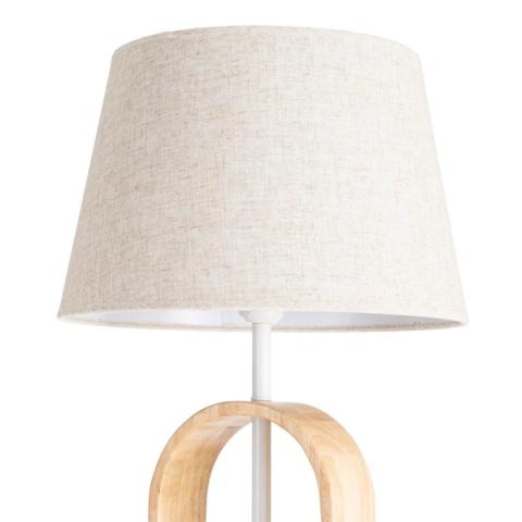 Lámpara de pie de madera natural y pantalla blanca — detalle