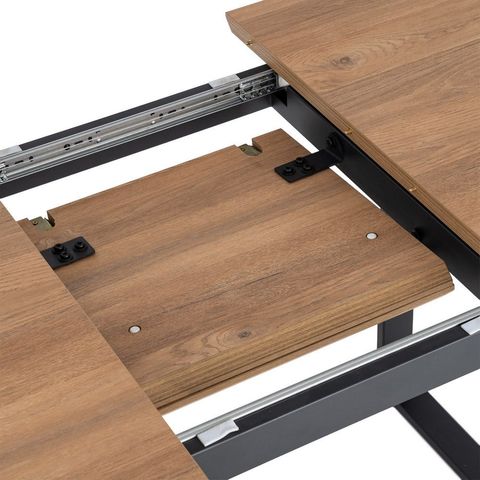Mesa de comedor extensible en acabado natural, detalle de las guías