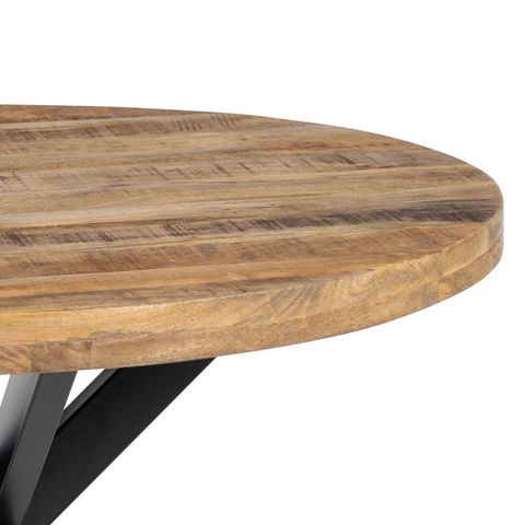 Mesa de comedor redonda de mango y hierro, detalle del borde