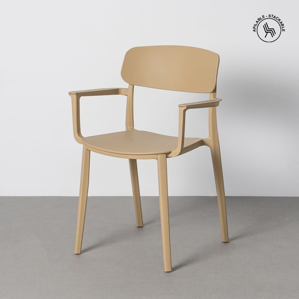 Silla apilable caqui de brazos rectos