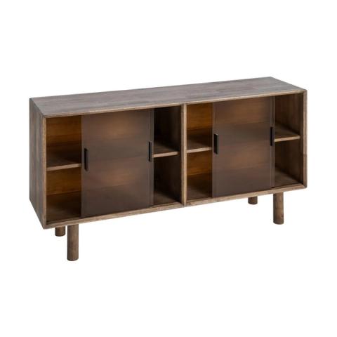 Aparador marrón de madera y cristal templado, interior abierto