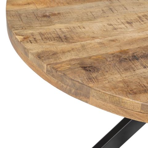 Mesa de comedor redonda de mango y hierro, detalle del tablero