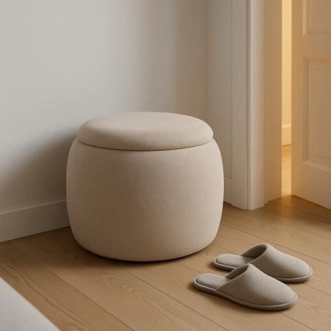 Puf baúl beige redondeado
