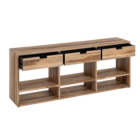 Mueble de TV de teca reciclada con cajones, interior abierto