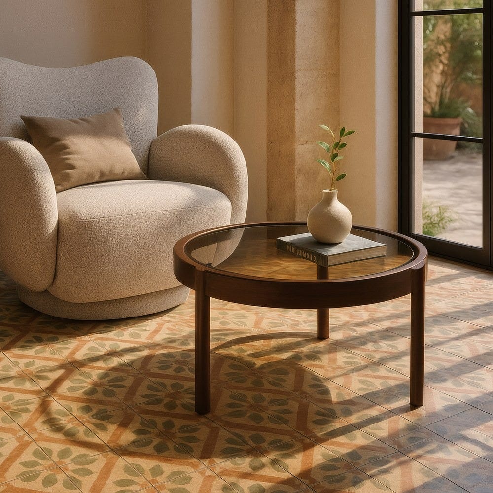 Mesa de centro marrón oscuro de cristal y hierro
