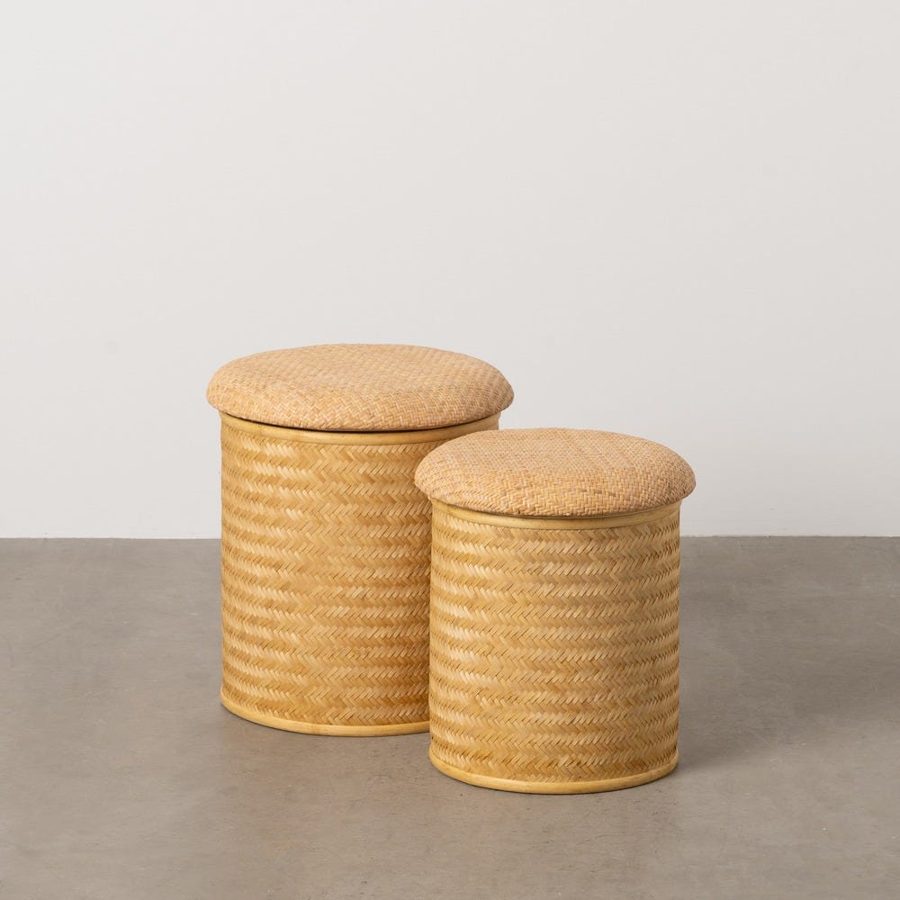Conjunto de dos pufs baúl de ratán natural