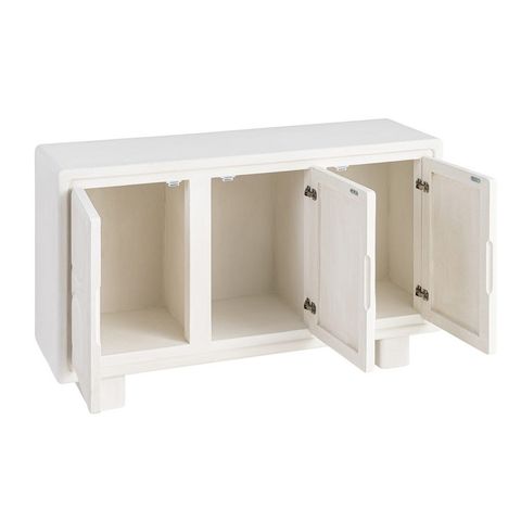 Aparador blanco con relieve de curvas, interior abierto