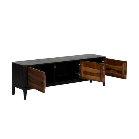 Mueble de TV en marrón y negro, interior abierto