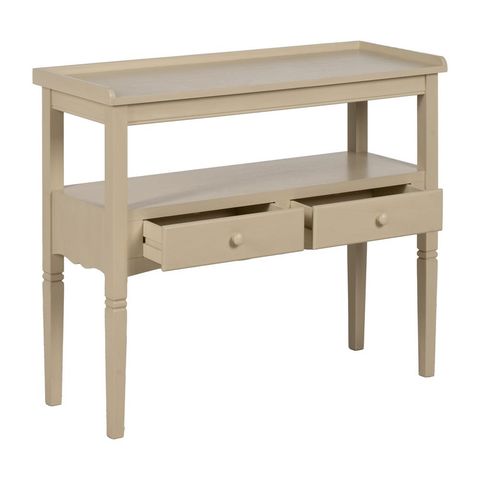 Consola crema con cajones y hueco abierto, interior abierto