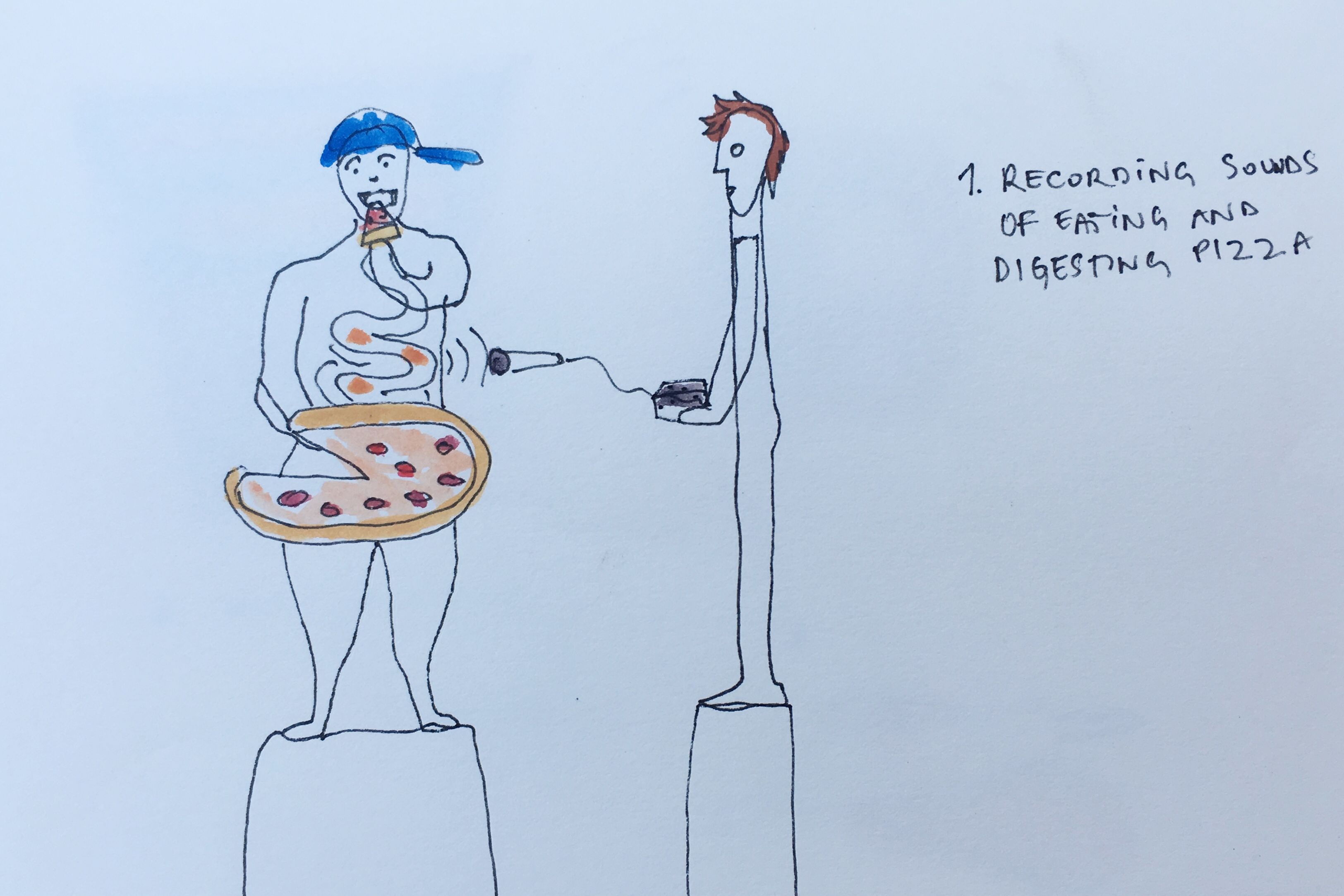 Concept color drawing showing person recording sound of person eating and digesting pizza for PPKK 05.00 by Sarah Ancelle Schoenfeld and Louis-Philippe Scoufaras