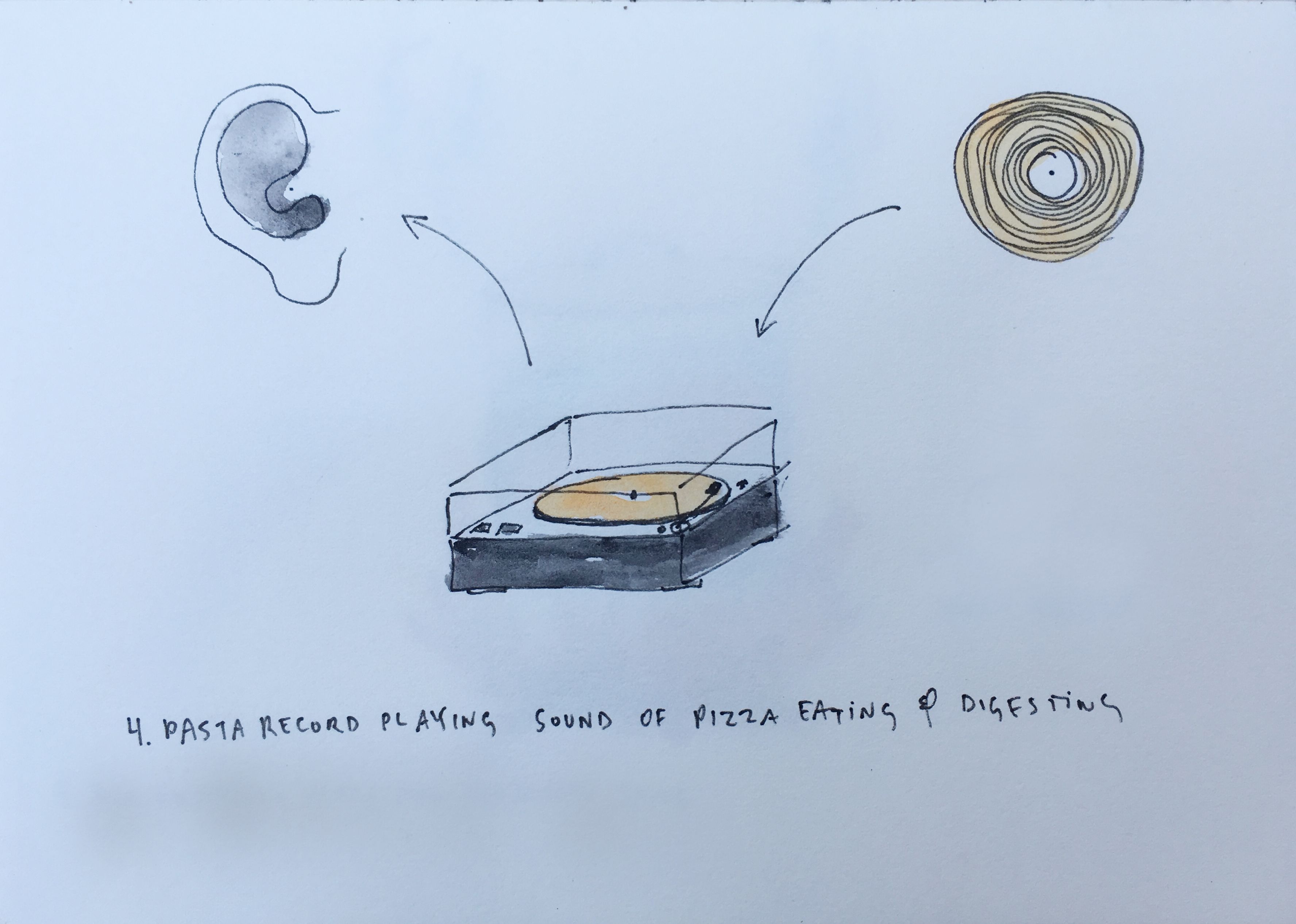 Concept color drawing of pasta record playing sound of pizza eating and digesting for PPKK 05.00 by Sarah Ancelle Schoenfeld and Louis-Philippe Scoufaras