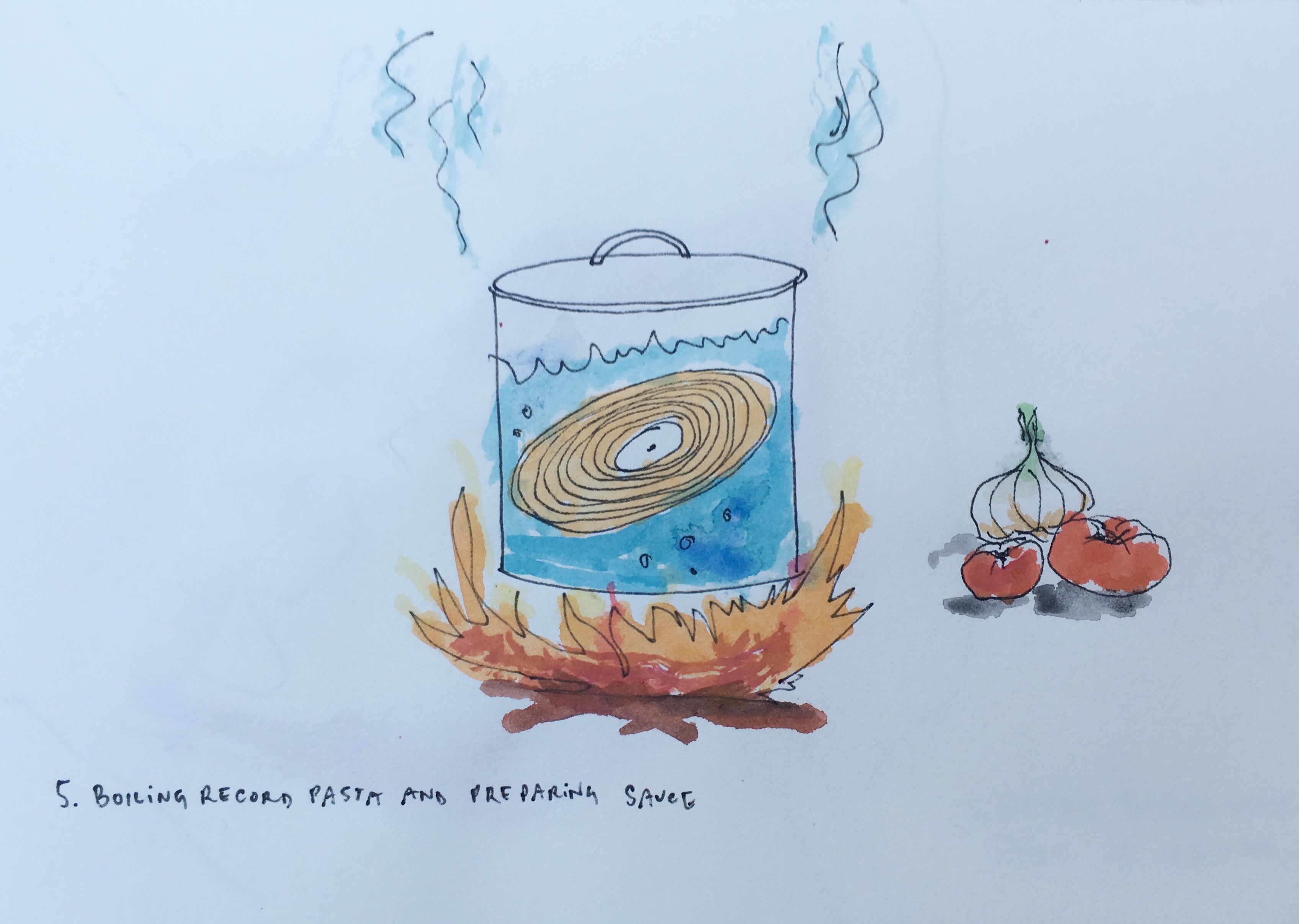 Concept color drawing of boiling record pasta and preparing sauce for PPKK 05.00 by Sarah Ancelle Schoenfeld and Louis-Philippe Scoufaras