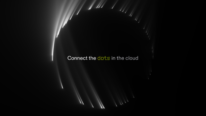 Custom WebGL shader that visualize many dots gathering, revealing a circle. Within the circle is a string of text that reads 'Connect the dots in the cloud'