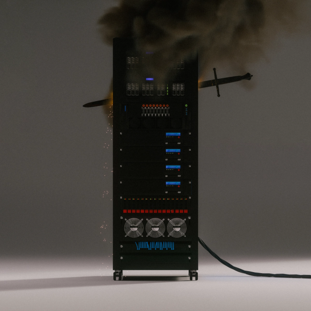 A 3D render of a sword piercing a computer server with smoke billowing out of the top of the server