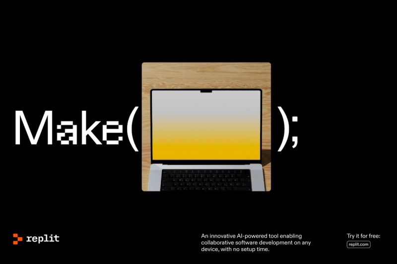 Motion graphic of the text 'Make()', where the parentheses open and close, revealing dynamic images of software being built. The parentheses symbolize a function being called, emphasizing the act of creation.