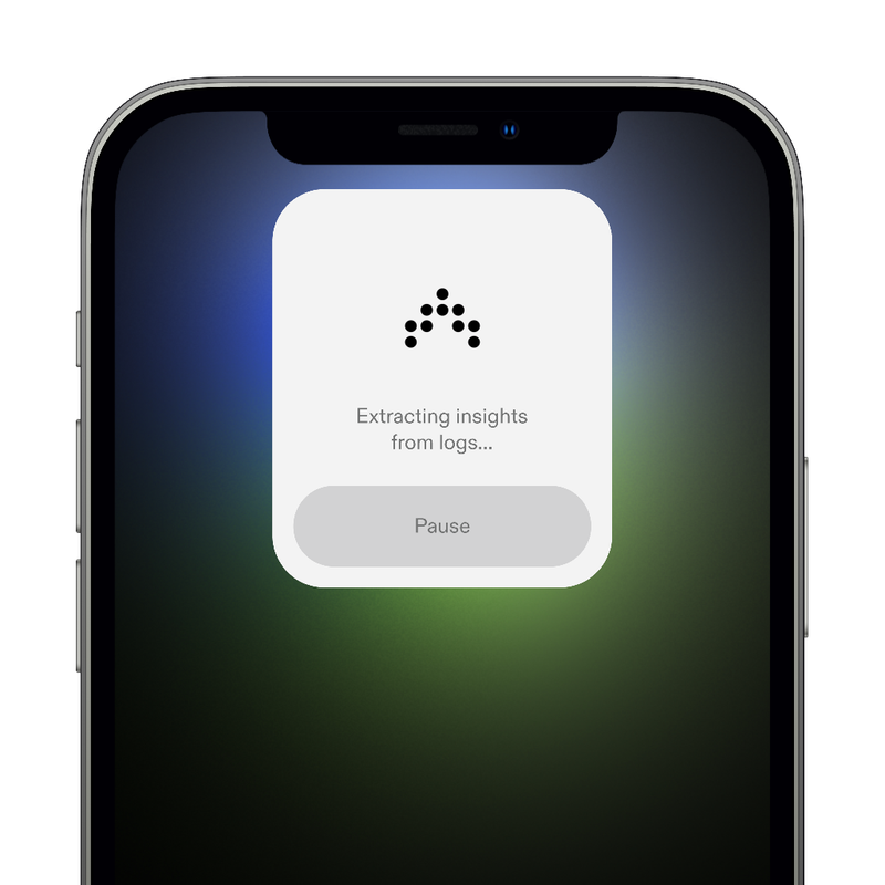A motion graphic of Antimetal's logotype assembling from one atom (dot) within a small iPhone widget that reads 'Extracting insights from logs...'