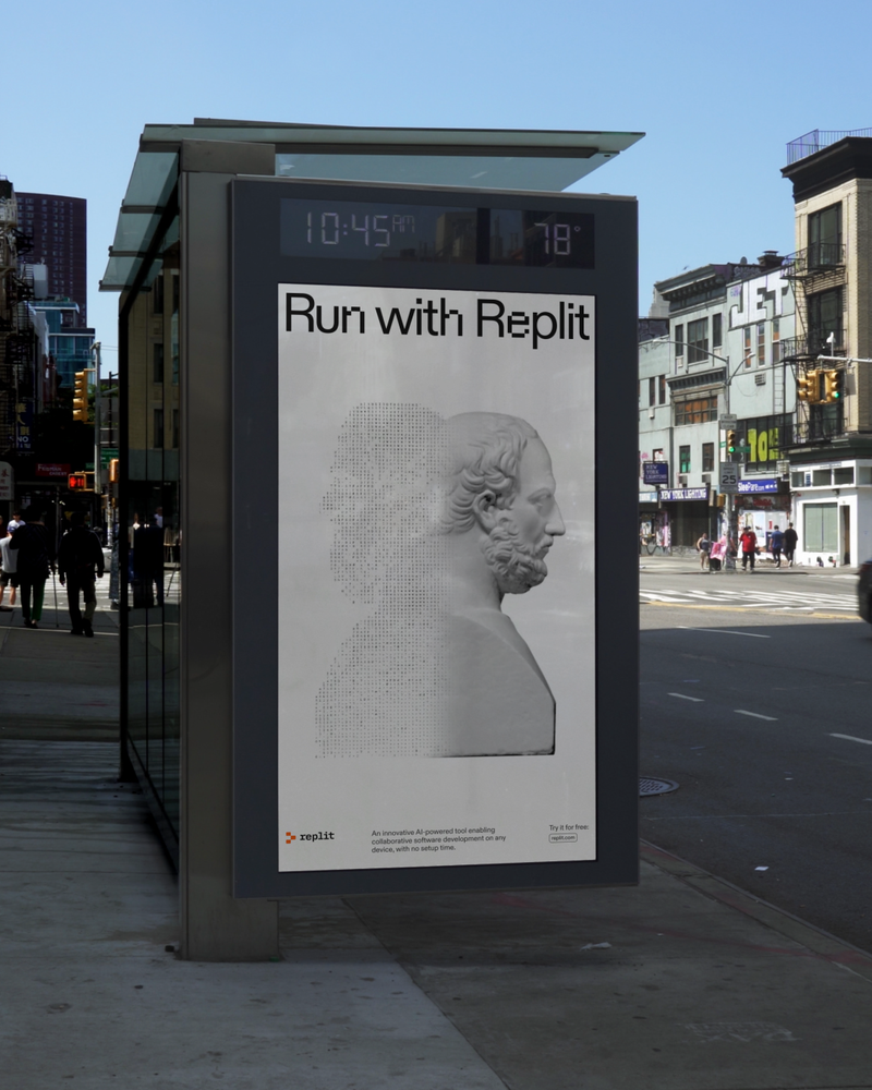 Digital poster titled 'Run with Replit', featuring animated artwork of the Double Herm with Thucydides and Herodotus spinning. Half of the artwork is rendered in ASCII code, symbolizing the seamless transition from idea to software development.