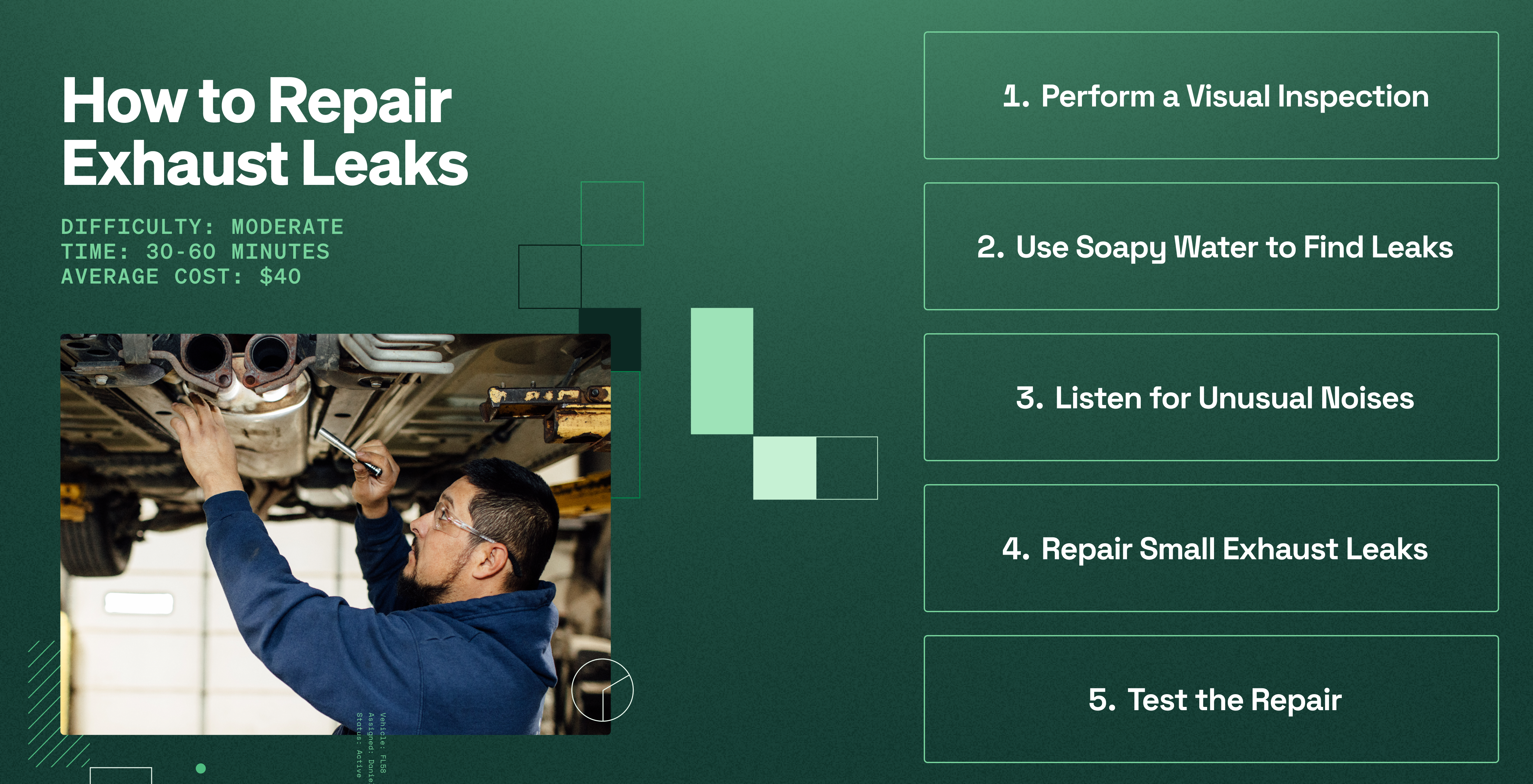 Step-by-step infographic showing how to check for and repair exhaust leaks: visual inspection, soapy water test, listening for noise, sealing small cracks, and retesting.