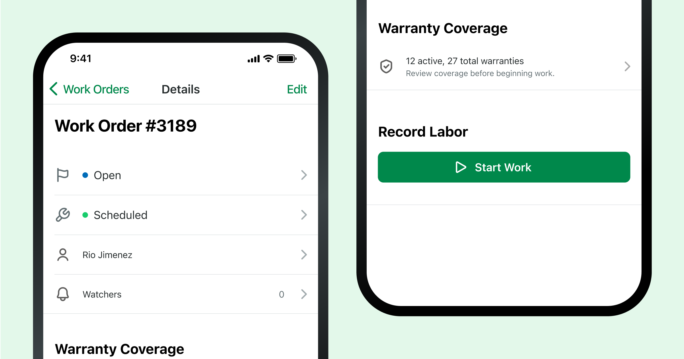 Screenshot of a mobile work order in Fleetio Go, displaying service details and status updates for streamlined maintenance management on the go.