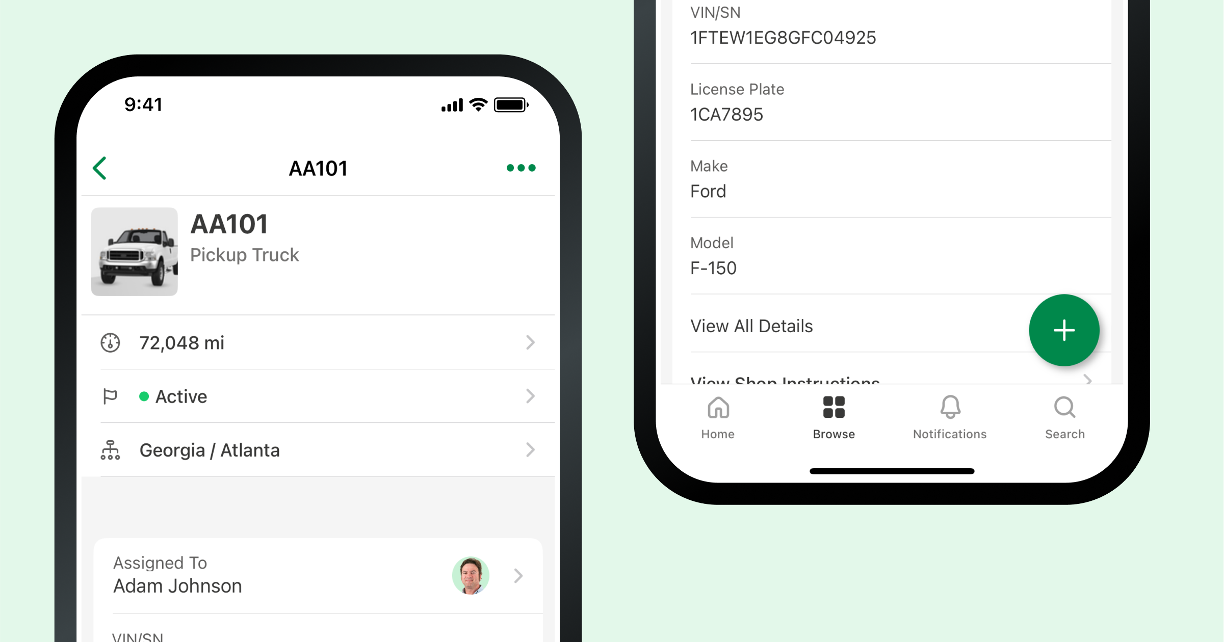 Fleetio Go mobile app showing live vehicle status and service details for real-time fleet visibility