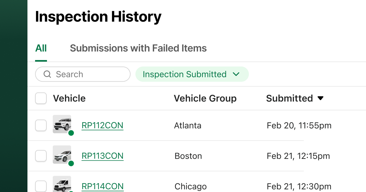 Asset inspection history list displayed in Fleetio, showing completed inspections and reported issues.