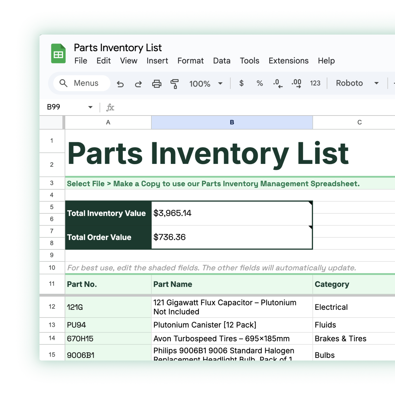 Fleet parts inventory management spreadsheet