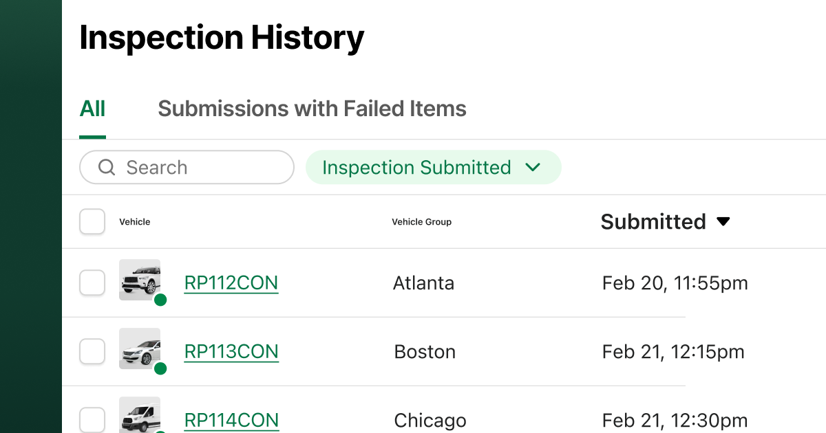 Fleetio platform view displaying inspection history across multiple fleet vehicles, highlighting completed DVIRs and reported issues.