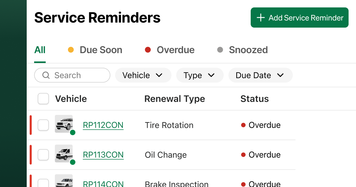 Service Reminders List in Fleetio's fleet maintenance software