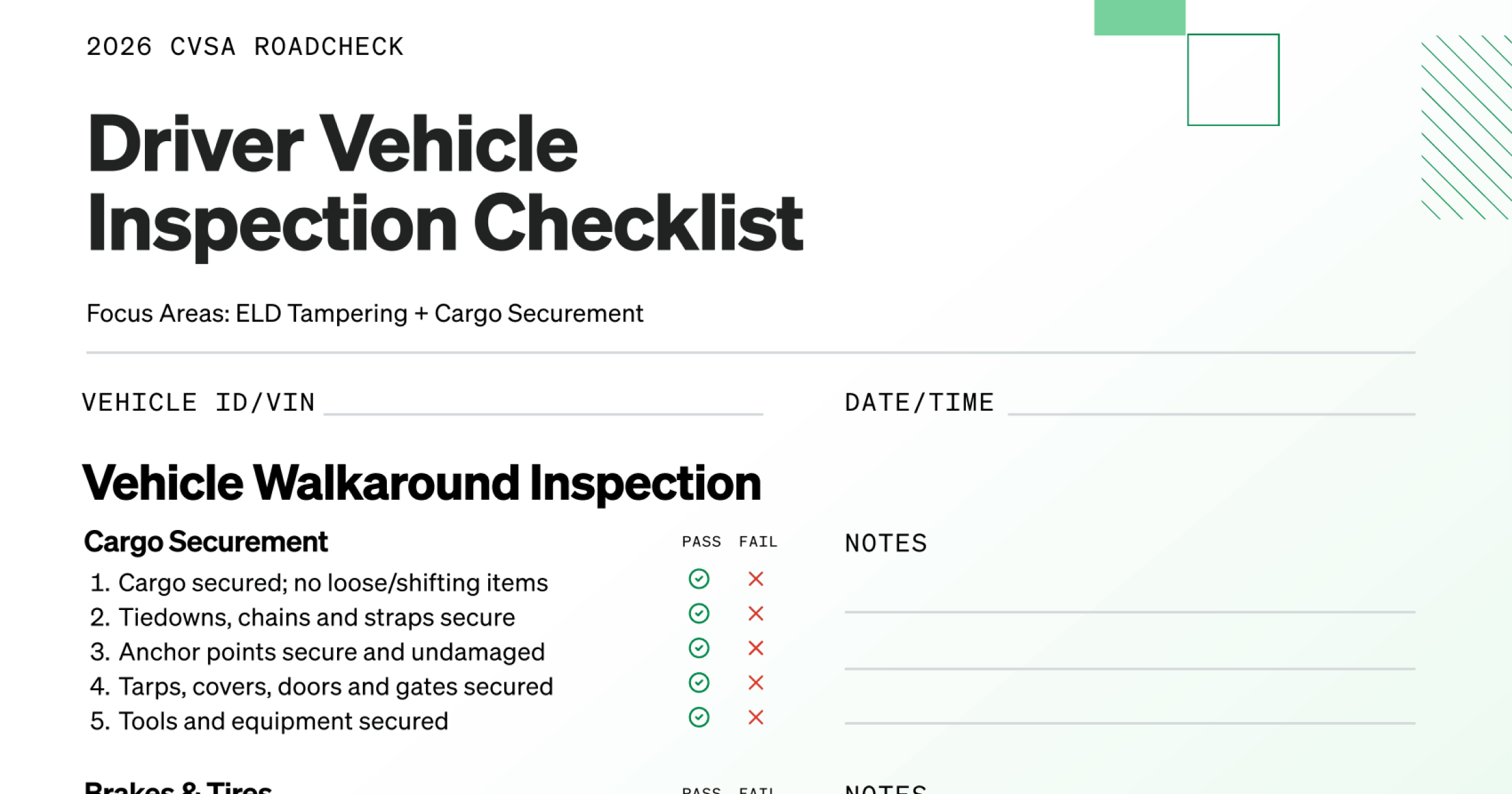 Preview of a Driver Vehicle Inspection Checklist for CVSA Blitz Week, showing pass/fail inspection points for tires, brakes, coupling devices, suspension, and other systems.