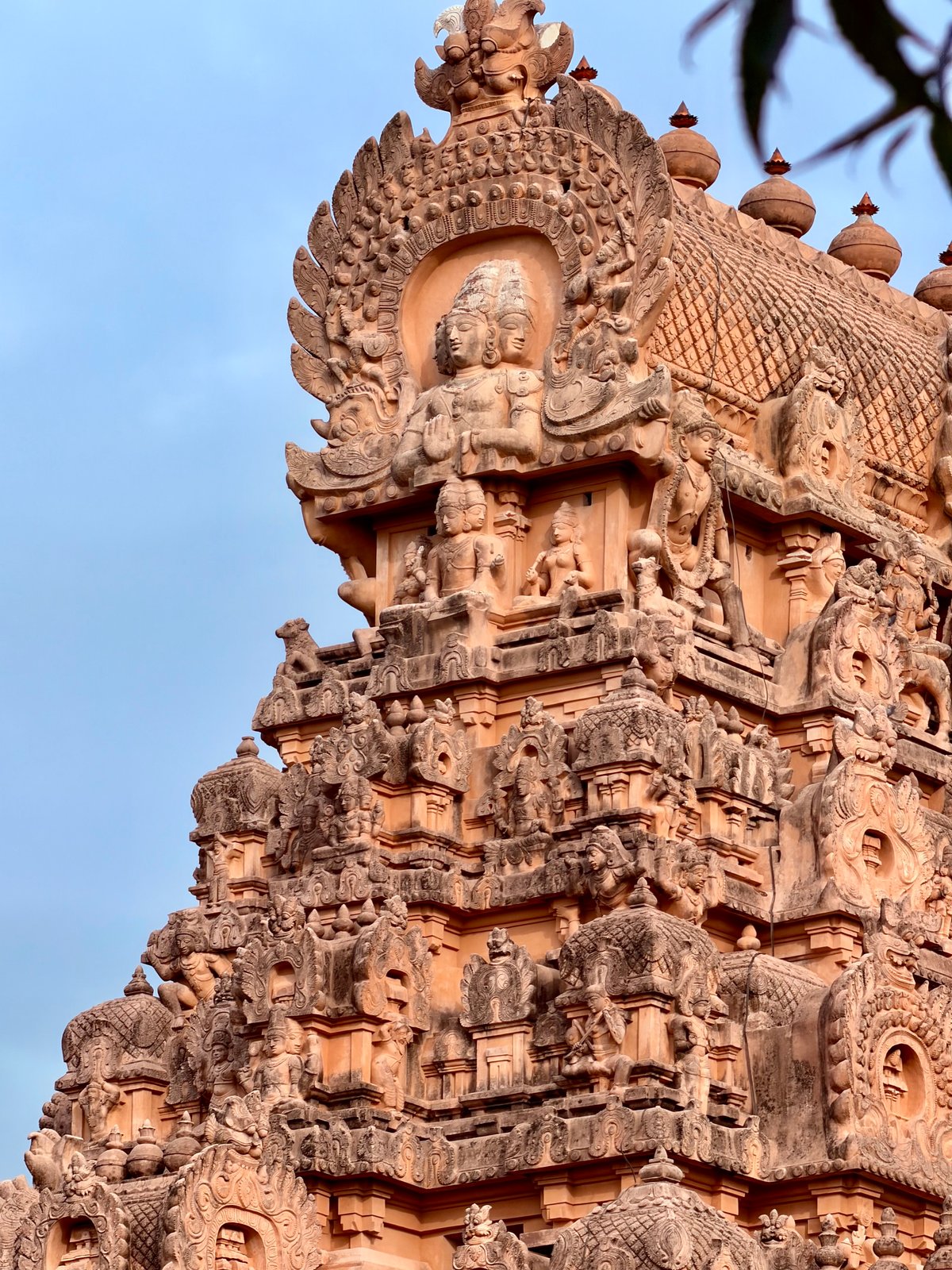 Carvings on a gopuram corner — deities, celestial figures, and intricate stonework that has survived a thousand monsoons. The detail is staggering up close.