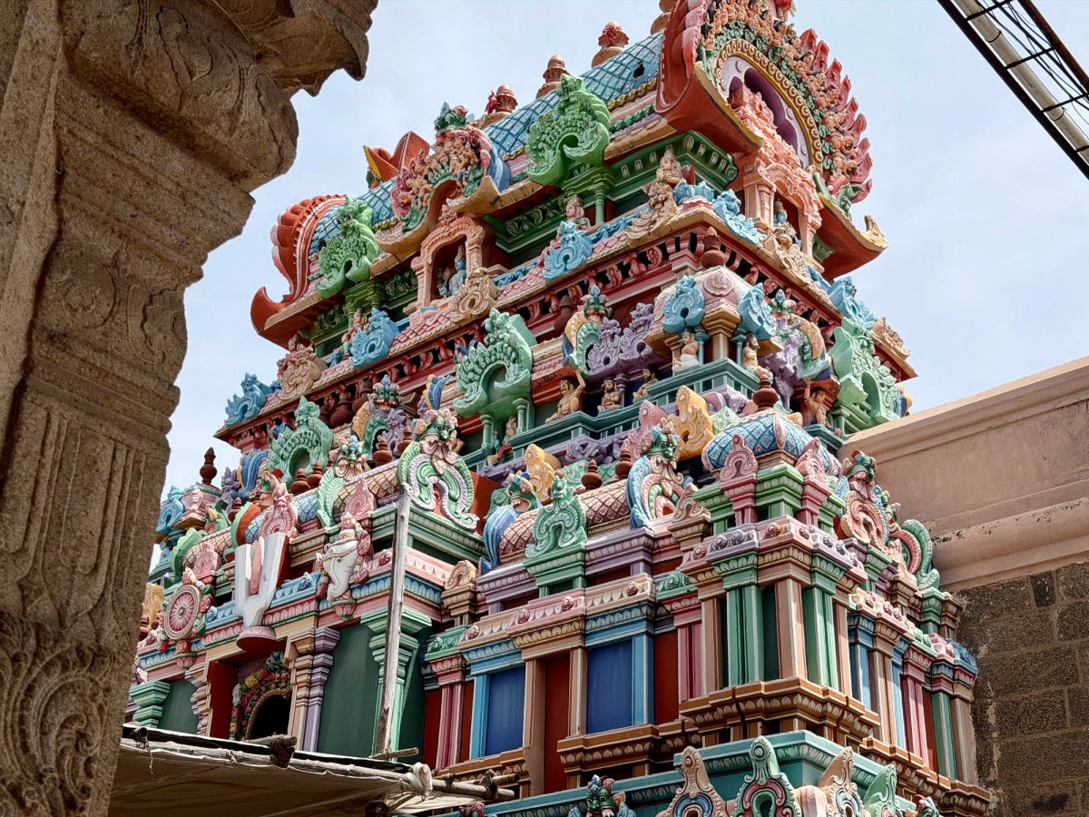 Gopuram stucco, seen from under the colonnade